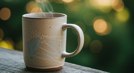 Fototapeta premium Steaming Beige Ceramic Mug on Wooden Surface with Bokeh Green Background