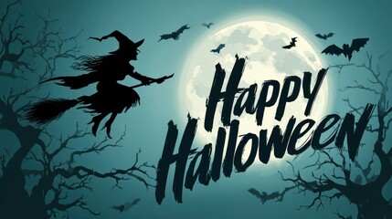 Silhouette witch flying on broom against full moon halloween illustration