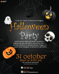 Happy Halloween party celebration invitation card design with pumpkin, skull head, ghost and spider web. 