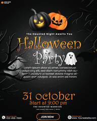 Happy Halloween party celebration invitation card design with pumpkin, skull head, ghost and spider web. 