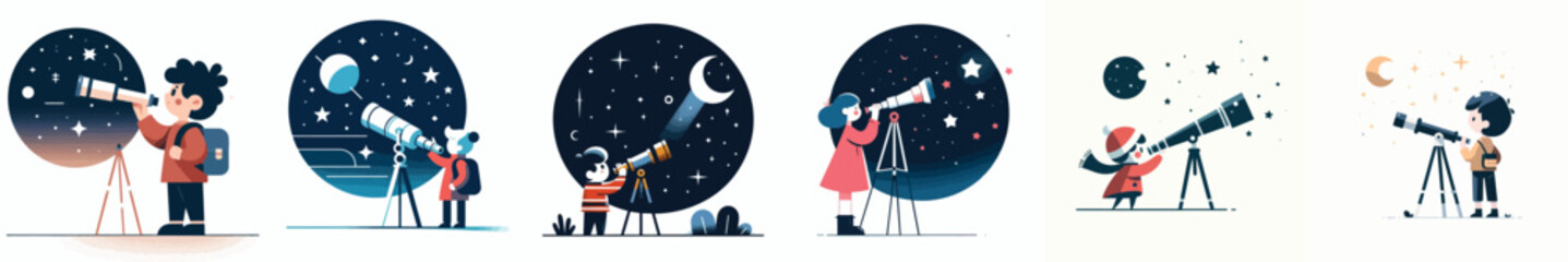 Fototapeta premium A minimalist flat vector collection celebrating World Space Week, featuring rockets, astronauts, planets, satellites, and space exploration scenes