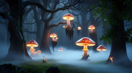Enchanted forest at night with glowing mushrooms illuminating the misty woods