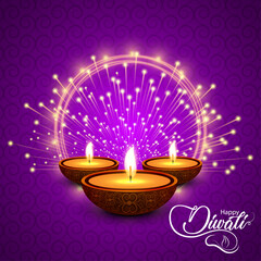 Diwali Night Festival Background with Three Glowing Diyas, Purple Light Glow, Sparkling Burst of Festive Lights, and Elegant Indian Celebration Greeting Card or Holiday Artwork