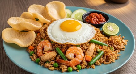 Delicious Nasi Goreng with Shrimp, Egg, Crackers, and Sambal on Plate