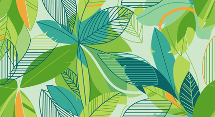 Fototapeta premium Vibrant Green Tropical Leaves Pattern with Geometric Elements, Abstract Background Design for Nature Themes