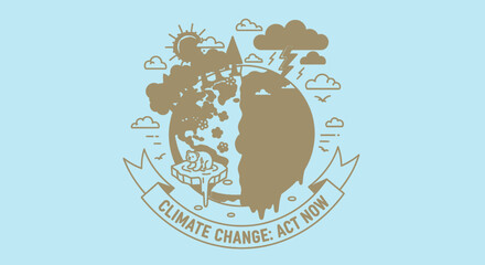 Global Climate Change Awareness Symbol: Earth Divided into Healthy and Polluted Halves with 'Climate Change: Act Now' Text on a Blue Background