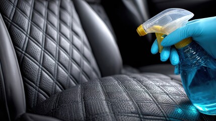 Cleaning leather car seats with a spray bottle and rubber gloves during daytime