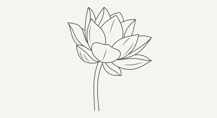 Elegant single line art of a blooming lotus flower on an isolated light beige background, symbolizing peace, purity, and spiritual awakening.