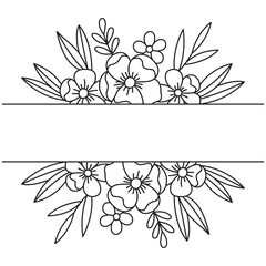Floral Frame Template with Black Outline Flowers Leaves and Divider for Text on a White Background