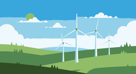 Wind Turbines Generating Clean Energy on Green Rolling Hills Under a Bright Blue Sky on a Sunny Day
