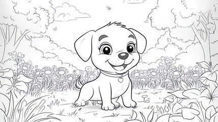 Cute puppy in a meadow, outlined in black ink, with a light-toned background of trees and flowers.  The puppy is sitting and smiling