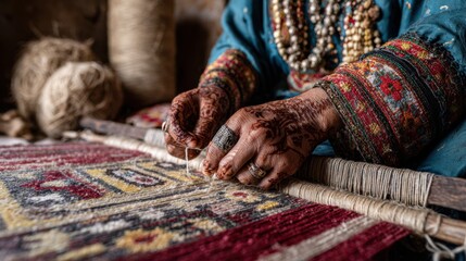 A macro-style, highly detailed image focusing on the hands of a Baloch woman as she weaves a carpet in Balochistan. 