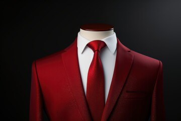 Elegant red suit displayed on a mannequin with a white shirt and matching tie under dramatic lighting