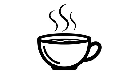 Cozy Steaming Hot Coffee Cup with Swirling Steam in Black and White Icon on Isolated White Background