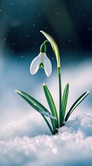 Snowdrop flower blooms through snow in a winter landscape showcasing resilience of nature under cold conditions