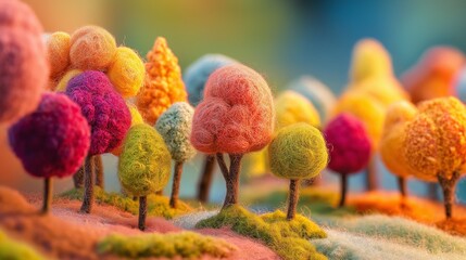 カラフルなフェルトの木々が並ぶ幻想的な風景イラスト