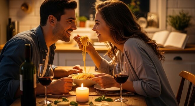 Romantic candlelit dinner with spaghetti and wine for a cozy evening