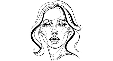 Beautiful Woman's Face with Detailed Features in Continuous Line Art on an Isolated White Background