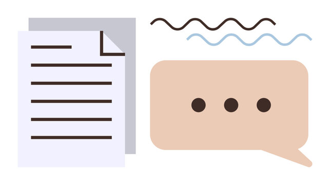 Papers with text lines paired with a speech bubble containing three dots, expressing communication and messaging. Ideal for content sharing, discussion, collaboration, writing, strategy, teamwork