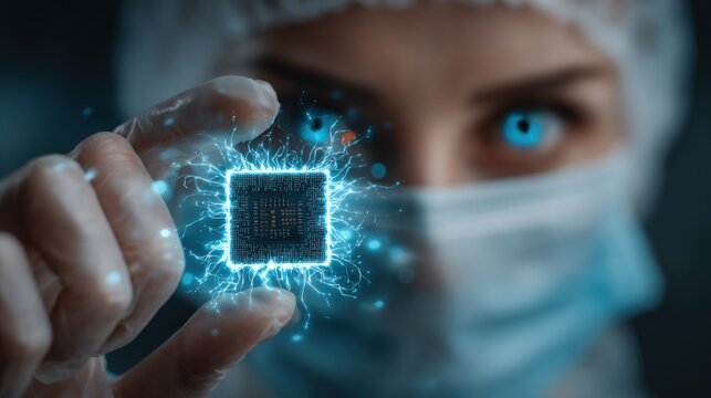Scientist holds a microchip surrounded by glowing energy in a lab environment while wearing protective gear