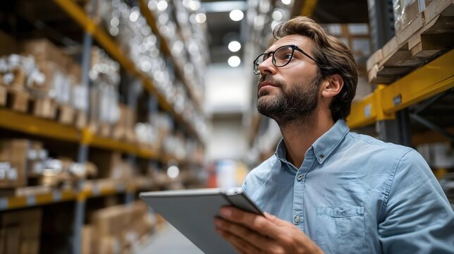 Homme d'affaires avec tablette inspectant les rayonnages d'un entrepôt