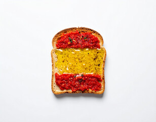 Pan con tomate natural y aceite de oliva virgen sobre fondo blanco, alimento de la gastronomía española y los colores de la bandera de España