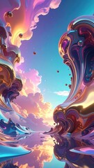 Fototapeta premium Abstract digital artwork features a dynamic composition of swirling, glossy, and fluid forms, blending vibrant hues of purple, gold, teal, and pink against a backdrop of soft, ethereal clouds and a...