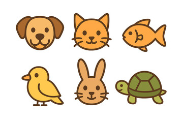 Naklejka premium Adorable set of six domestic and wild animal characters featuring dog cat rabbit fish bird and turtle