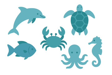 Stylized collection of marine animal icons including dolphin, sea turtle, crab, and octopus