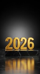 Golden number 2026 standing on a black marble podium. Luxurious metallic text with reflection on a dark background. Happy New Year celebration concept for a greeting card or banner