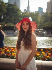 Woman with Red Hat Smiling in City Park
