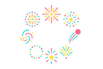 Colorful abstract fireworks icons arranged in a circular shape for celebration design