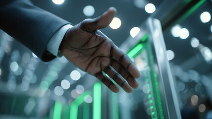 Closeup of a businessmans hand reaching out for a handshake in a modern office setting with blurred green lights in the background