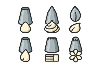 Metal piping tips and nozzles creating decorative icing shapes