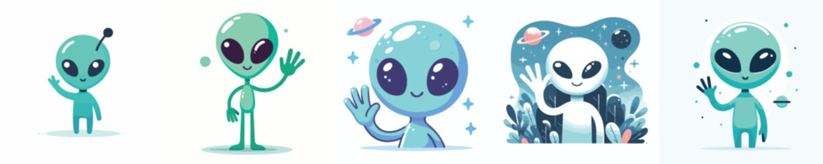 Naklejka premium A minimalist flat vector collection celebrating World Space Week, featuring rockets, astronauts, planets, satellites, and space exploration scenes