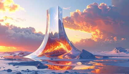 Surreal landscape depicts a futuristic architectural structure with a reflective surface set against a vibrant sunset, reflecting in a frozen expanse with dramatic clouds and otherworldly atmosphere.