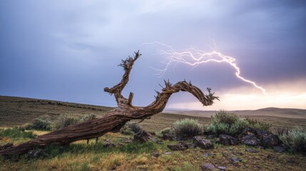 Fototapeta premium bent. A lone gnarled tree silhouetted against a stormy sky with lightning. travel magazines, destination branding, designed for outdoor magazines and nature guides and travel destination branding. 