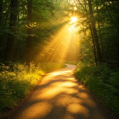 Obraz premium Sunlight Shines Through Trees in Forest Pathway with Shadows and Greenery in Summer