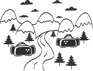 Enchanting woodland scene with winding river and cozy houses serene nature landscape isolated on transparent background