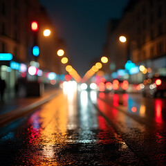 Night city with glare effect, cars, people