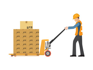 One worker is moving heavy boxes of goods by the hand pallet truck on white background. Vector illustration EPS 10.