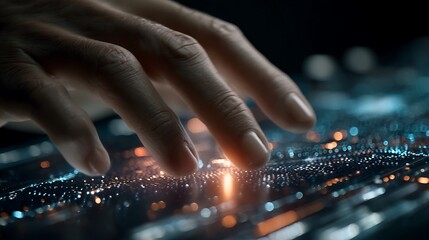 Closeup of a persons hand interacting with a futuristic digital interface, with glowing lights and data streams