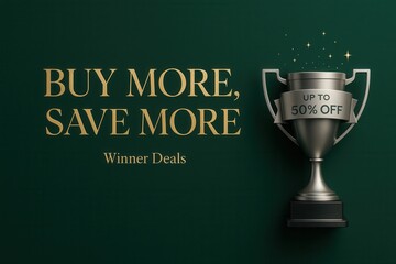 BUY MORE, SAVE MORE with UP TO 50% OFF winner deals banner, elegant style, enticing retail discount promotion.