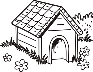 Whimsical hand drawn dog house with flowers and plants simple outline artwork isolated on transparent background