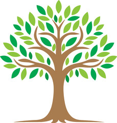 Fototapeta premium Green Tree of Life Logo or Icon, Stylized Tree Vector Illustration with Two-Tone Leaves