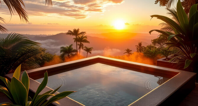 A hot tub in luxury hotel of Costa Rica at sunset surrounded by lush tropical plants with stunning rainforest landscape background.