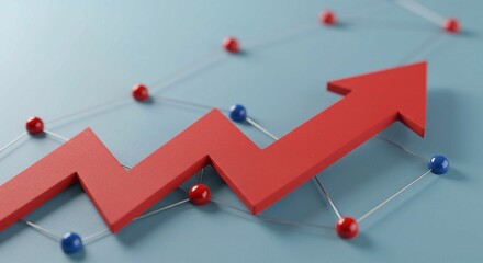 Rising Growth Concept — Red Arrow Showing Upward Business Trend with Data Connections on Blue Background, symbolizing success, progress, and financial growth.