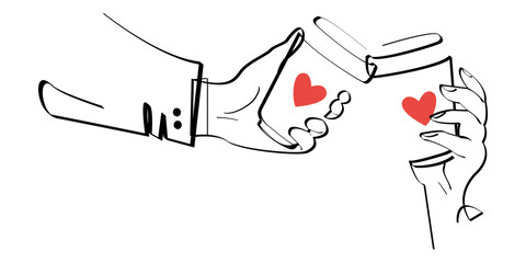 Hand holding take away coffee in reusable cup one line continuous drawing. Fast drink flat design. Takeaway drink in paper mug. Coffee to go. Vector linear illustration