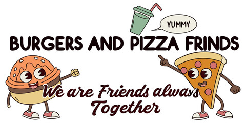 Fototapeta premium Burger and pizza friends, a yummy treat! Cartoon style food characters, ideal for restaurant promos, fun menus, and children's designs, cute food