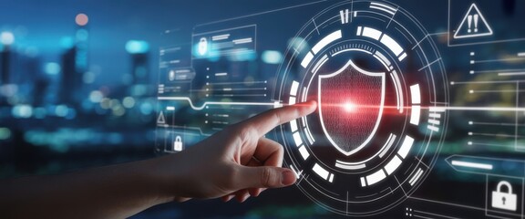 Cybersecurity Protection: A close-up shot showcasing a finger interacting with a digital shield icon on a screen, with data visualizations and a blurred cityscape, emphasizing safety and data privacy.
